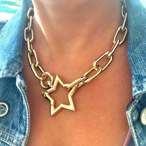 Gold Plated Large Gold Star Carabiner Clasp and 16" Chain Necklace
